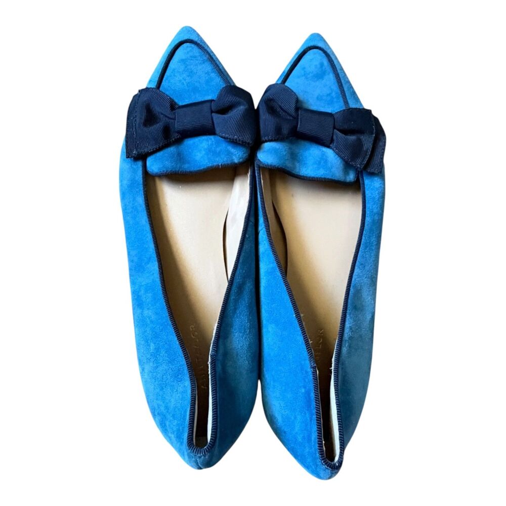 Ann Taylor Blue Suede Pointed-Toe Bow Flats